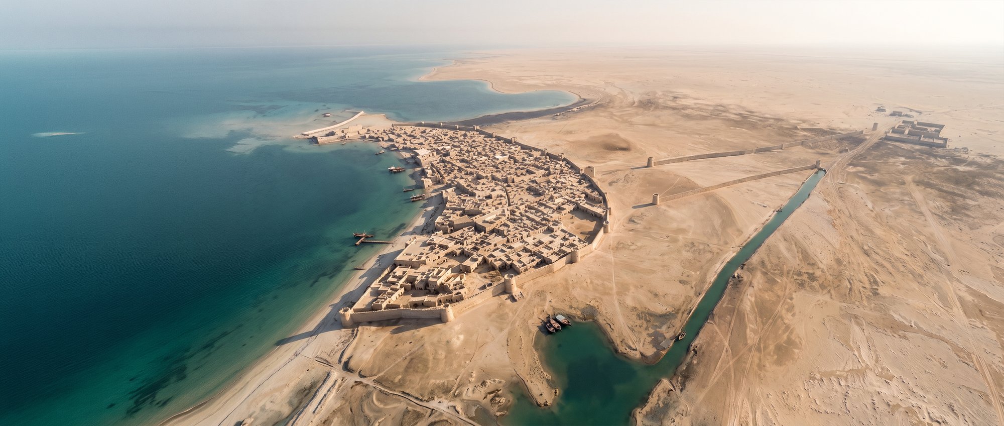 High oblique view of Al Zubarah's walled town along the shore, with the inland walls and the channel leading to the fort