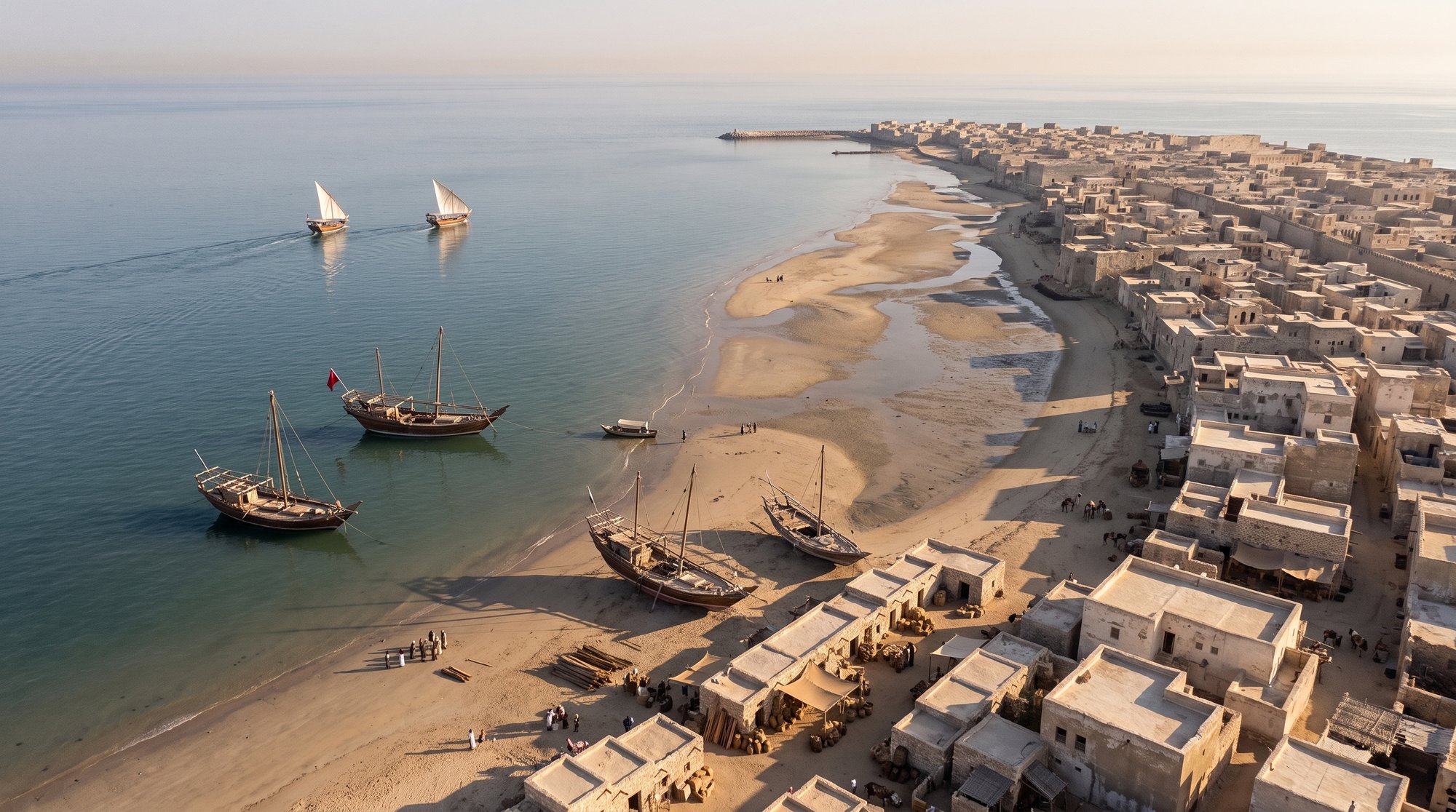 Dhows on the beach and at anchor beside the houses of Al Zubarah at low tide