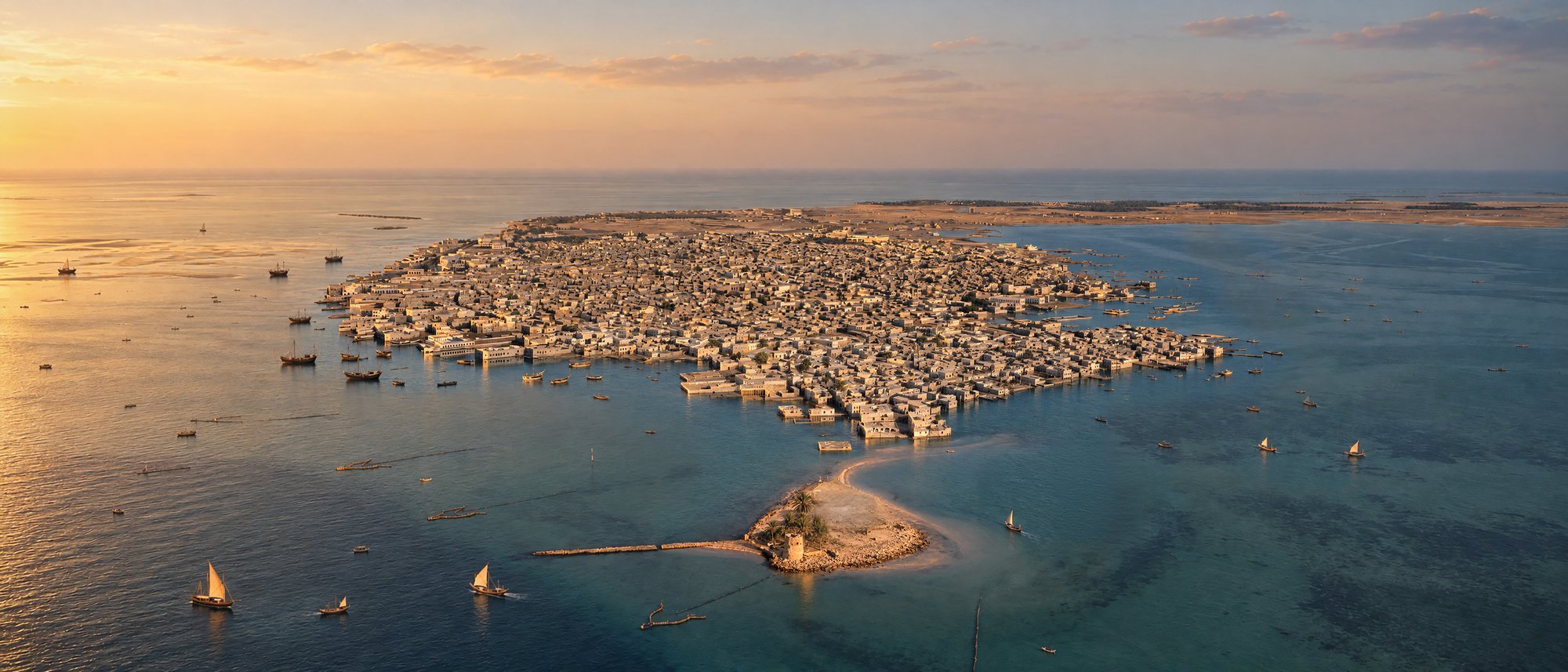 Muharraq's dense town edge meeting the sea, with sailing boats, fish traps and a small fort on an islet linked by a sandbar