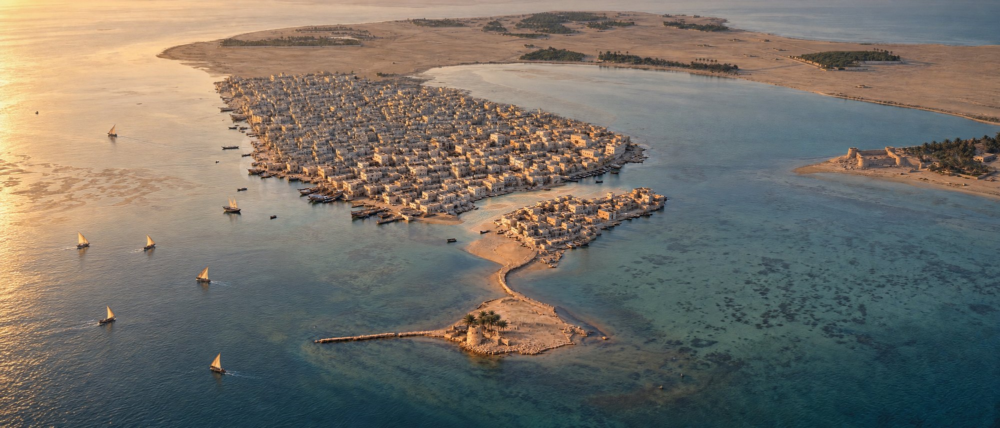 The town of Muharraq and its southern islets at low tide, with boats under sail and a fortified compound across the water