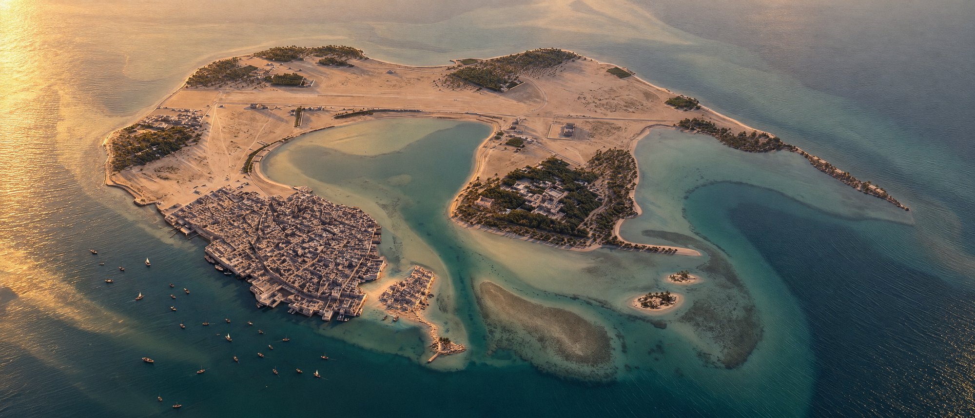 Wide aerial view of Muharraq island with its lagoons, sandbanks, palm groves and the town on its south-western shore