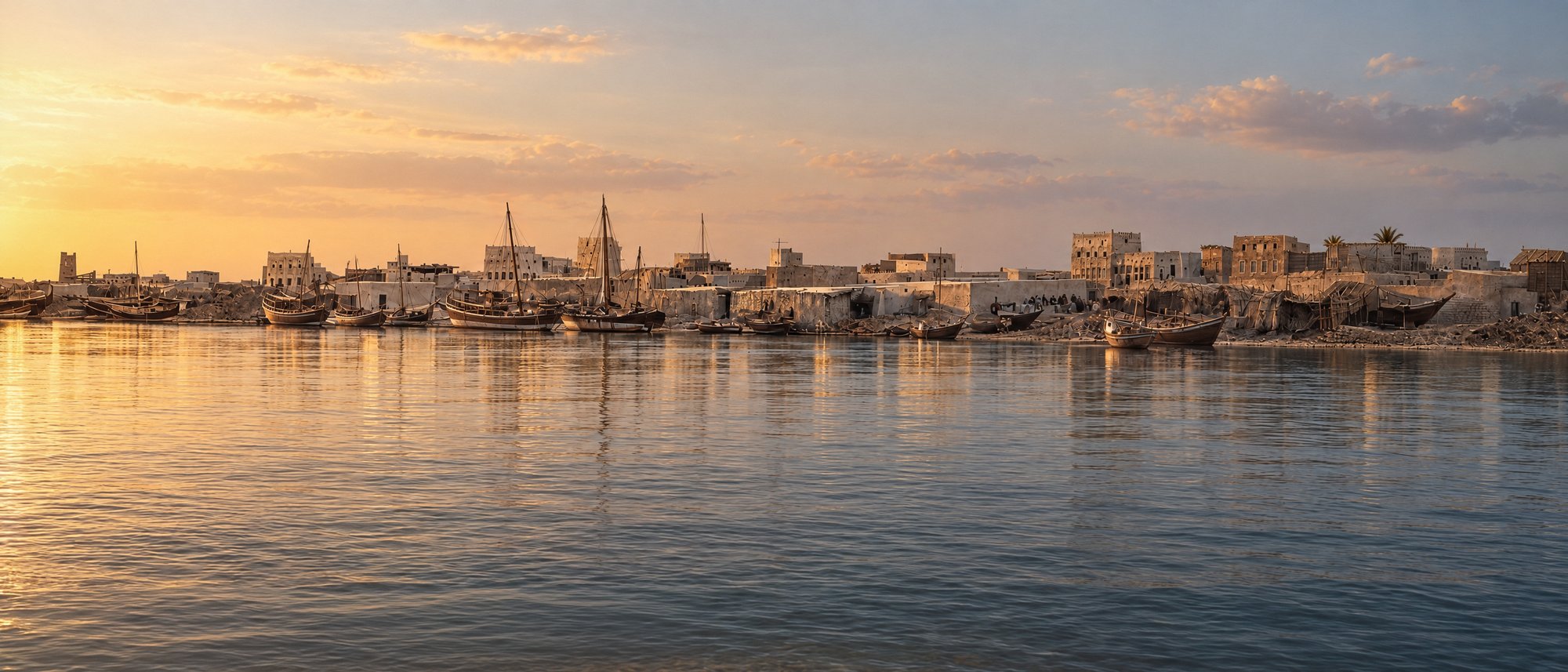 Muharraq's waterfront at dusk, with moored pearling boats reflected in still water