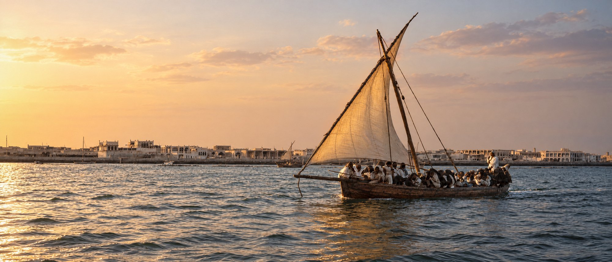 A pearling boat under sail, full of divers, with the low skyline of the town behind