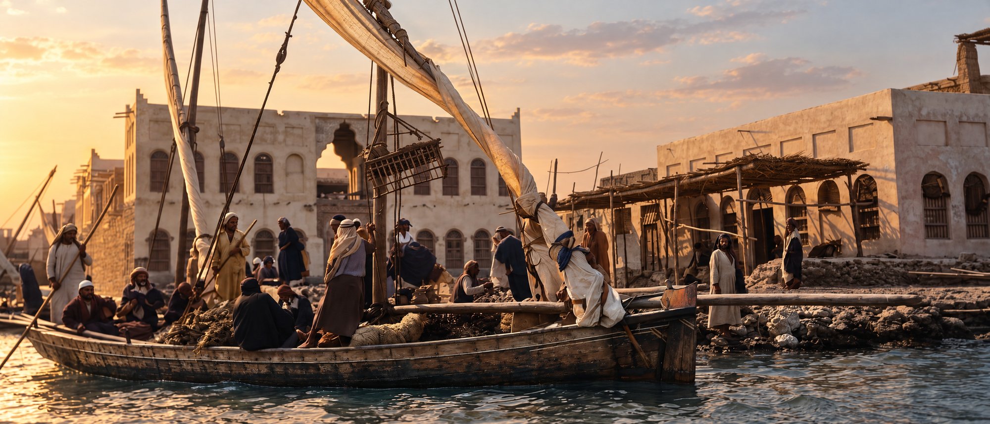 A crowded pearling boat beside two-storey coral-stone houses with arched windows on the Muharraq waterfront