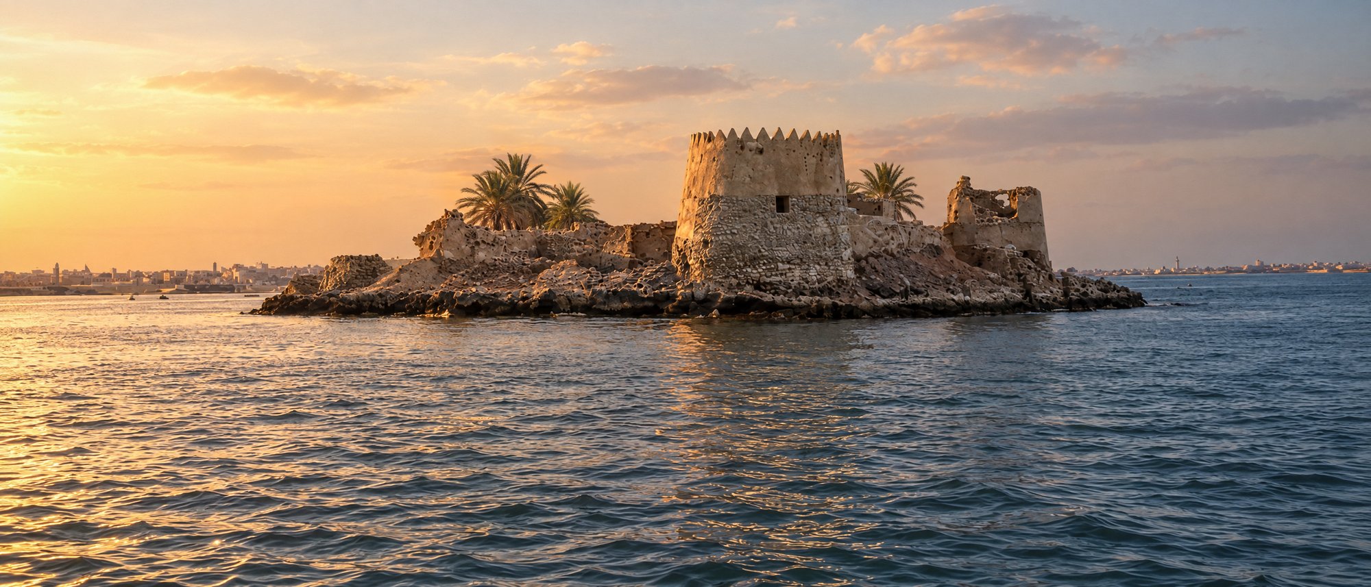 A weathered coastal fort on a rocky islet with palms, the town low on the horizon